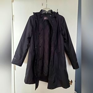 Eddie Bauer black rain jacket, removable liner & hood, women large, weatheredge
